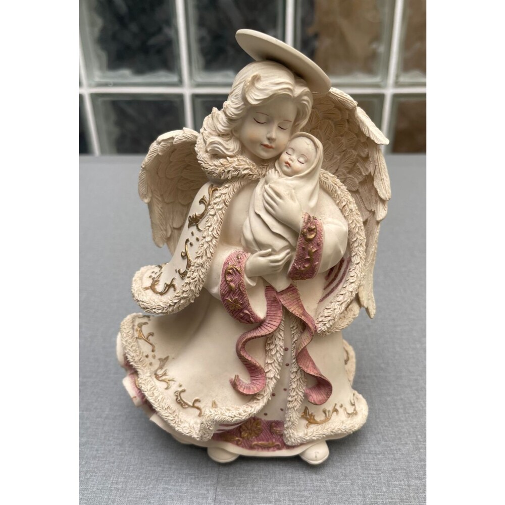 Vintage Angel With Child Music Box  In Bisque Resin 8.5” Silent Night.